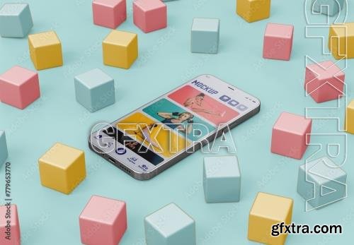 Scene with Mobile and Colorful Cubes Mockup 779653770