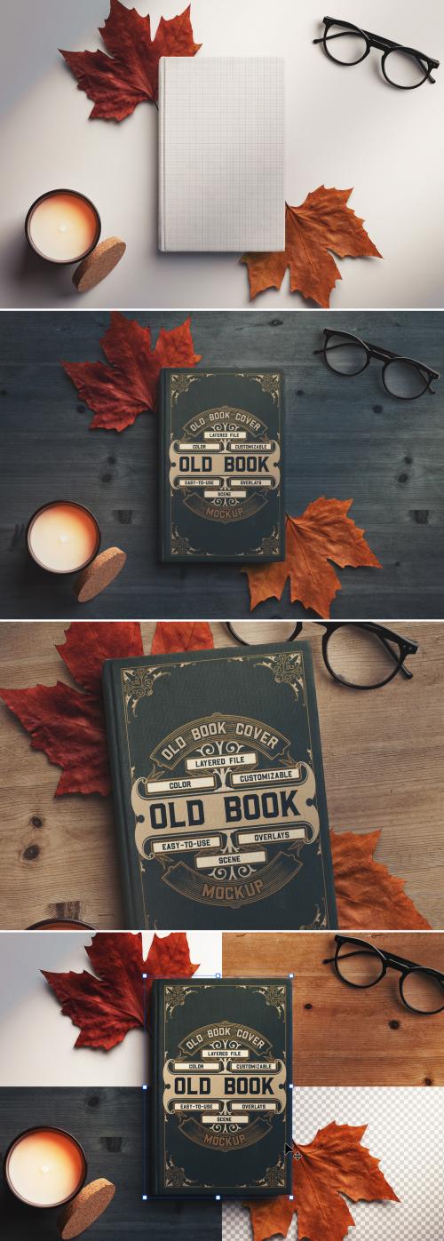 Old Book Cover with Autumn Leaves Candle and Glasses