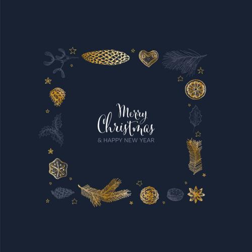 Vector Dark Blue Vintage Hand Drawn Christmas Card with Golden Square Wreath