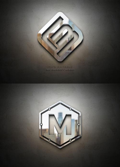 Metal Logo Mockup with Blue 3D Reflection Effect on Dark Wall