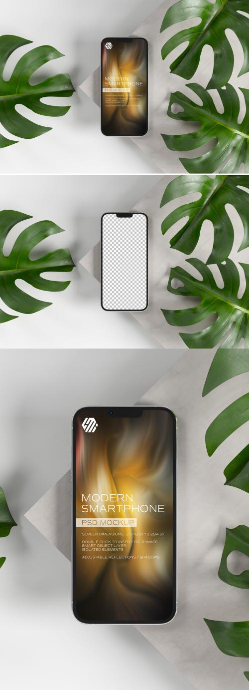 Mobile Phone Mockup On Concrete Display with Leaves