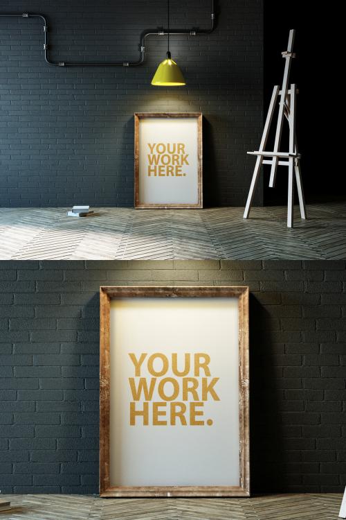 Vertical Wooden Poster Frame Mockup Standing Near Black Wall with Easel