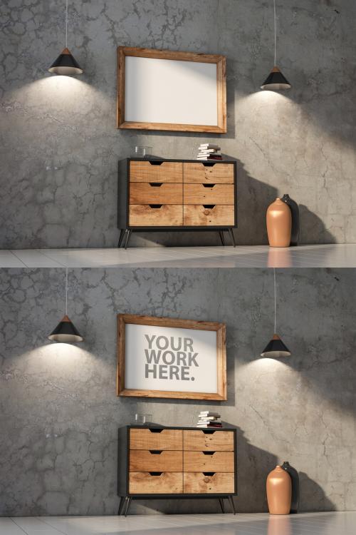 Horizontal Wooden Poster Frame Mockup Hanging Above Modern Chest on Concrete Wall