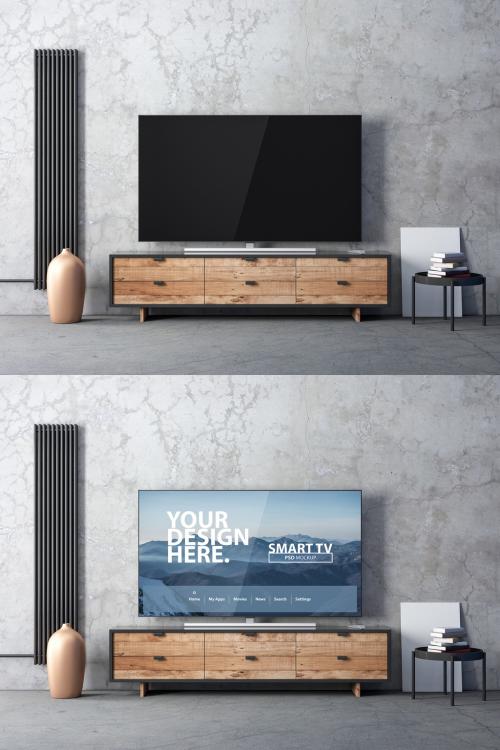 Large Smart Tv Mockup on Wooden Commode in Living Room