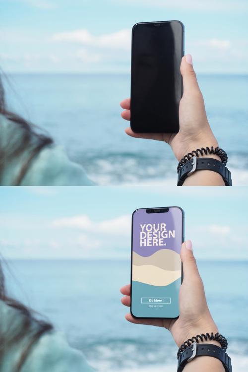 Smartphone Mockup in Womans Hand on the Beach