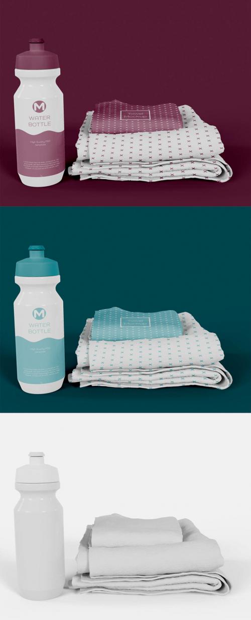 Stacked Towels with Soprt Bottle Mockup