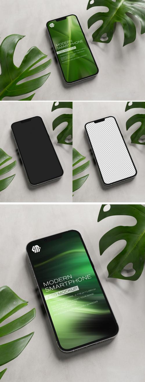 Mobile Phone Mockup on Concrete with Leaves
