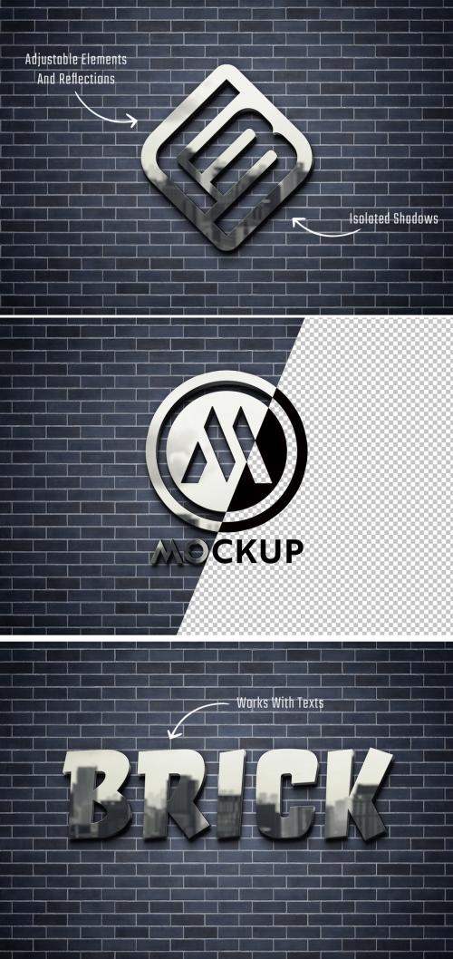 Metal Logo Mockup with 3D Reflection Effect on Dark Brick Wall