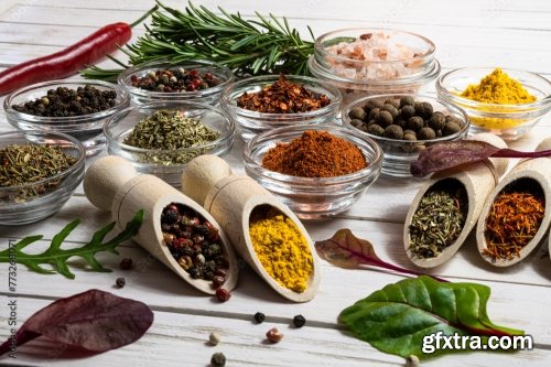 Kitchen Board And Assortment Of Spices 5xJPEG
