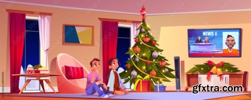 Cartoon Vector Illustration Of Cozy Home Festive Interior With Teenagers 1xAI