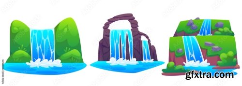 Waterfall And Mountain River Stream Cartoon Vector 6xAI