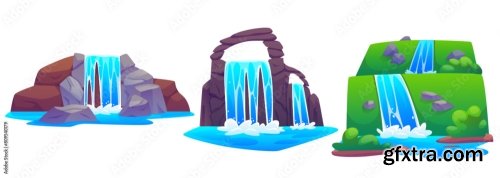 Waterfall And Mountain River Stream Cartoon Vector 6xAI