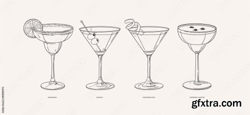 Set Of Popular Alcoholic Cocktails In Linear Style 6xAI