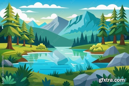 Lake In The Forest Landscape Vector Illustration 6xSVG