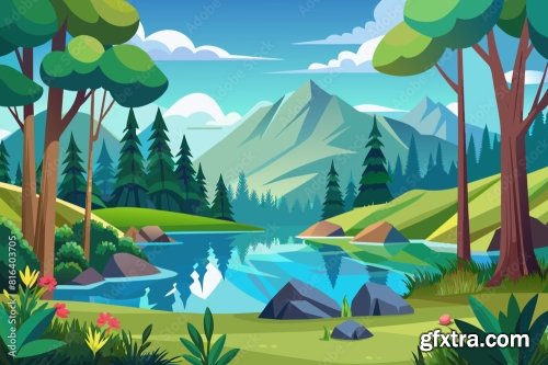 Lake In The Forest Landscape Vector Illustration 6xSVG