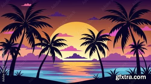 Dark Palm Trees Silhouettes On Colorful Tropical 6xSVG