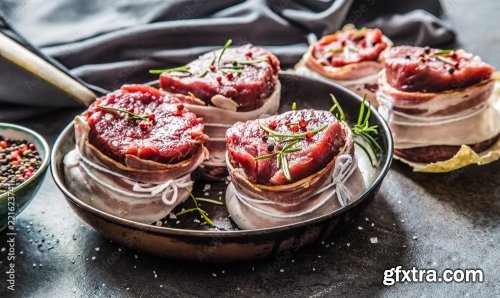 Beef Tenderloin Steak Wrapped In Bacon Stored Into The Pan 6xJPEG