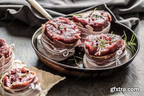 Beef Tenderloin Steak Wrapped In Bacon Stored Into The Pan 6xJPEG