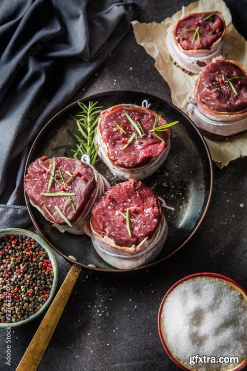 Beef Tenderloin Steak Wrapped In Bacon Stored Into The Pan 6xJPEG