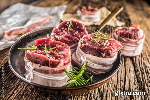 Beef Tenderloin Steak Wrapped In Bacon Stored Into The Pan 6xJPEG