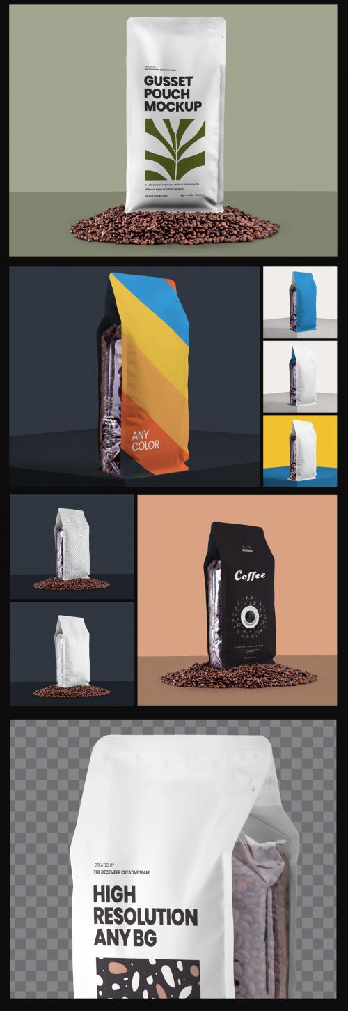 4 Pouch Bag Coffee Mockup with Transparent Side and Beans