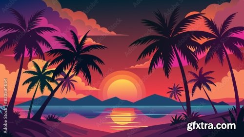 Dark Palm Trees Silhouettes On Colorful Tropical 6xSVG
