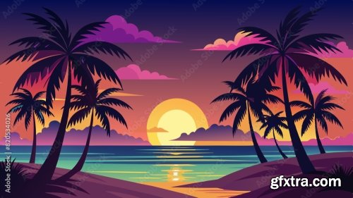 Dark Palm Trees Silhouettes On Colorful Tropical 6xSVG