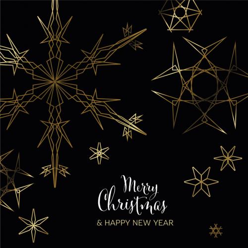 Winter Christmas card layout template with geometry golden snowflakes on black background