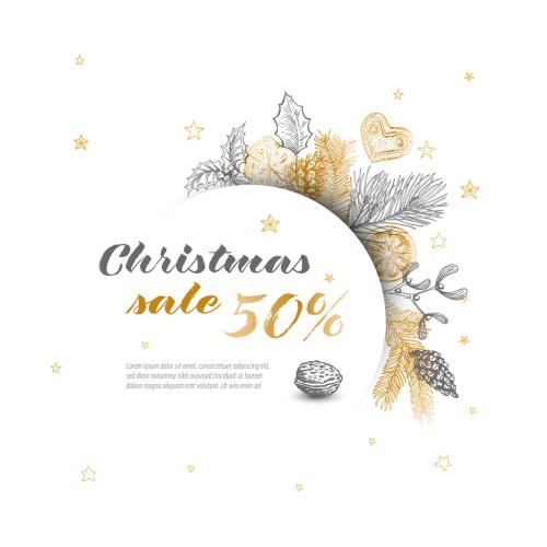 Vector vintage hand drawn Christmas sale card banner with golden gray elements