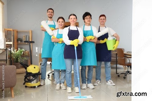 Group Of Young Janitors Cleaning In Office 6xJPEG