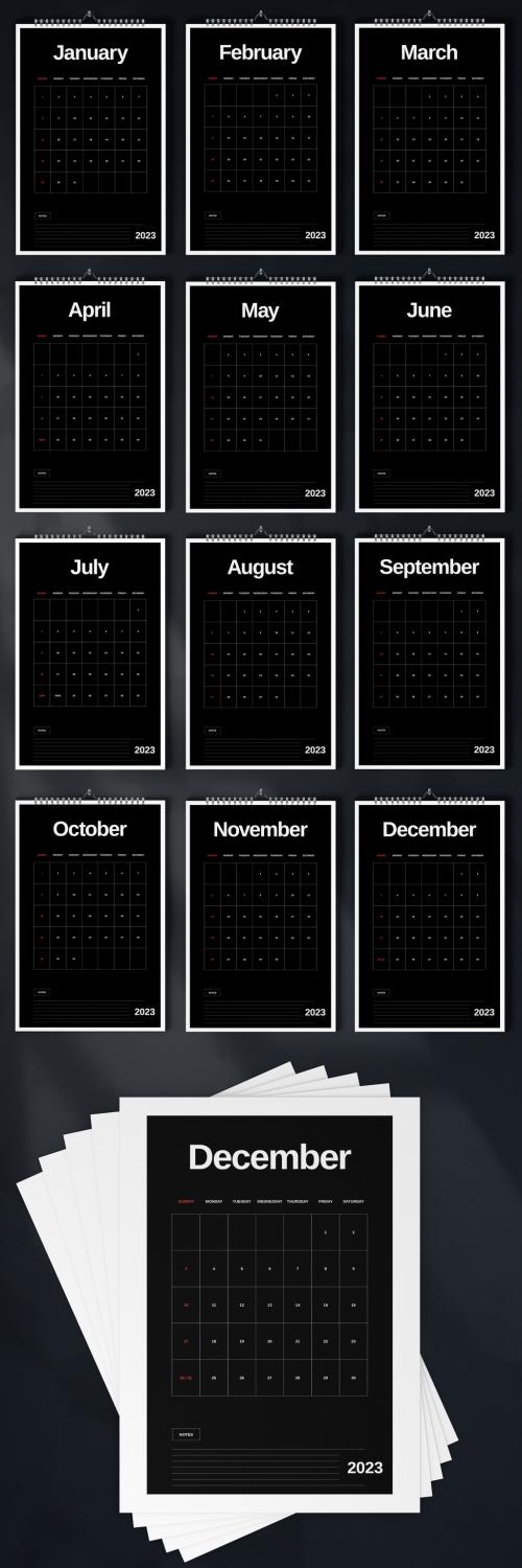 Black Minimal Wall Calendar 2023 Layout