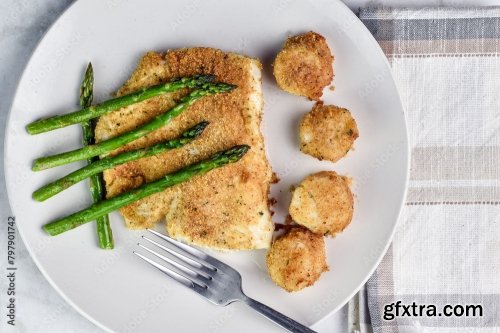 Baked Haddock Served With Asparagus And Scallops 6xJPEG