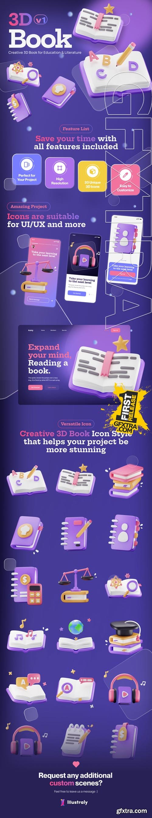 Bookly - Books, Literature, and College Stuff 3D Icon Set Model