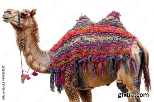 A Beautifully Adorned Camel Stands Isolated 12xPNG
