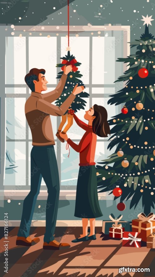 Young Couple And Their Daughter Decorate Christmas Tree At Home 6xAI