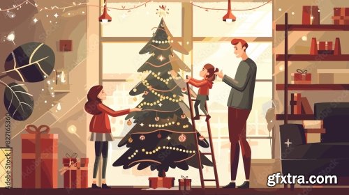 Young Couple And Their Daughter Decorate Christmas Tree At Home 6xAI