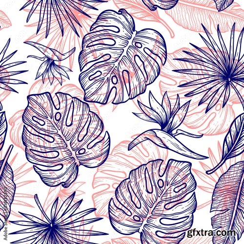 Flower Pattern Leaves Hand Draw Vintage Design 19xAI