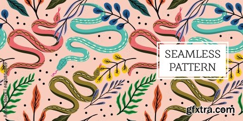 Seamless Pattern Leaves And Snake Trendy Style 19xAI