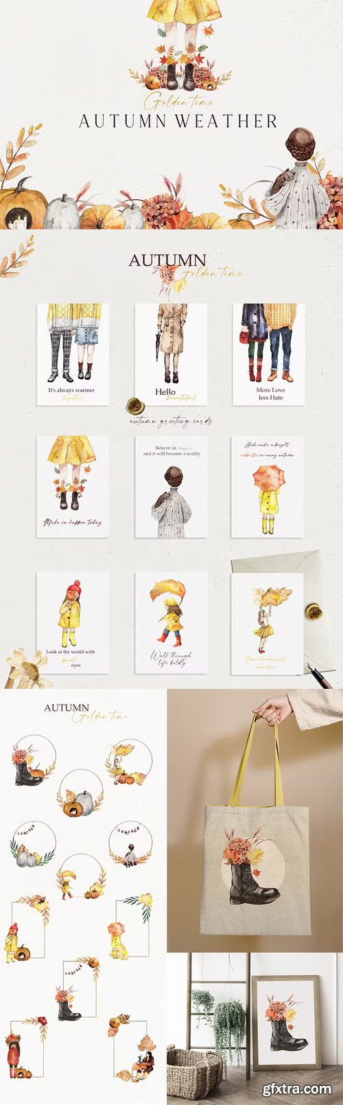 Watercolor Golden Bright Autumn Weather Set Watercolor Golden Bright Autumn Weather Set