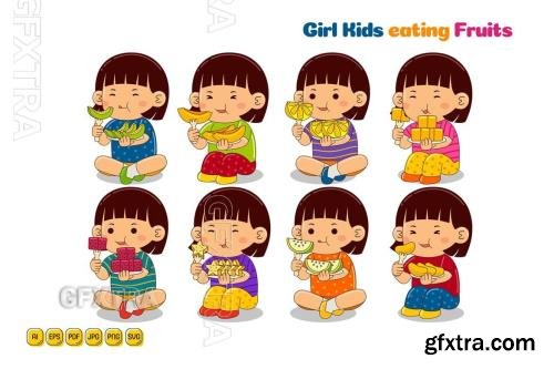 Girl Kids eating Fruits Cartoon Vector Pack #04 7WR9HJD