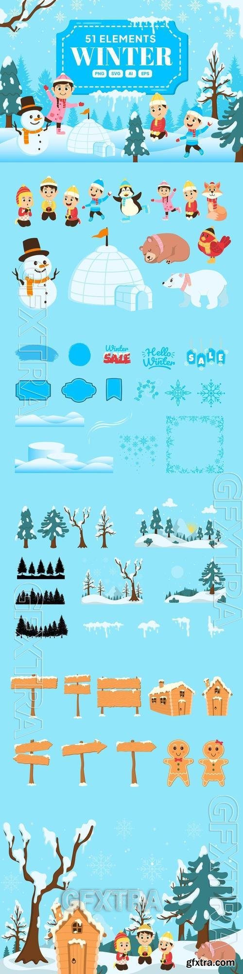 Cute Winter Characters and Elements Cartoon 6GWB63U