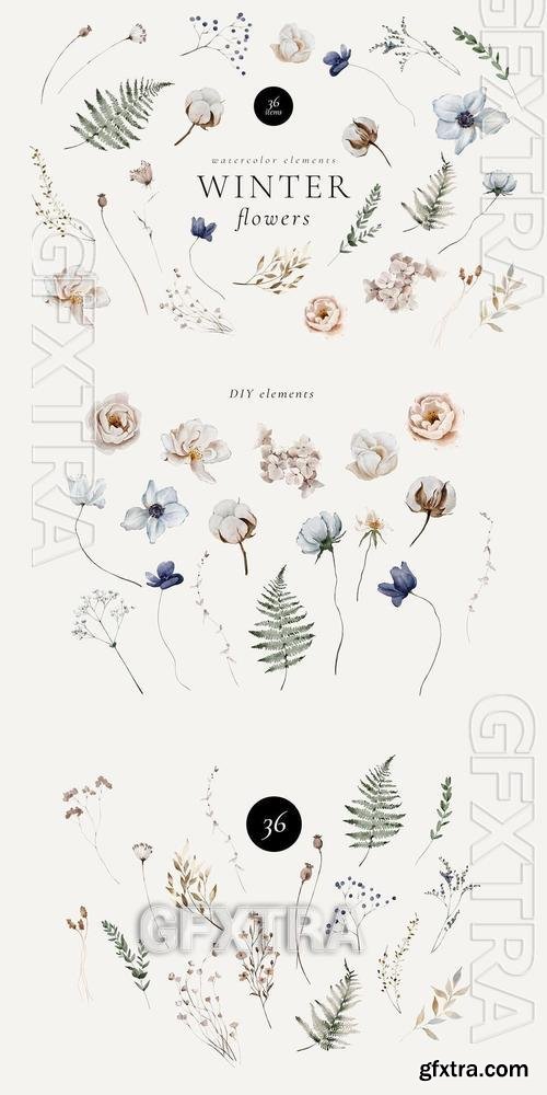 Winter Flowers Watercolor Elements XBNLAR5
