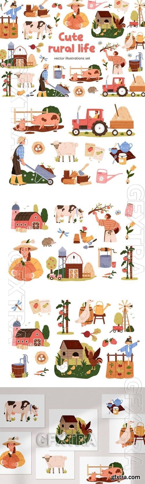 Cute rural life scenes. Farm animals, farmers set AJ7KEYY