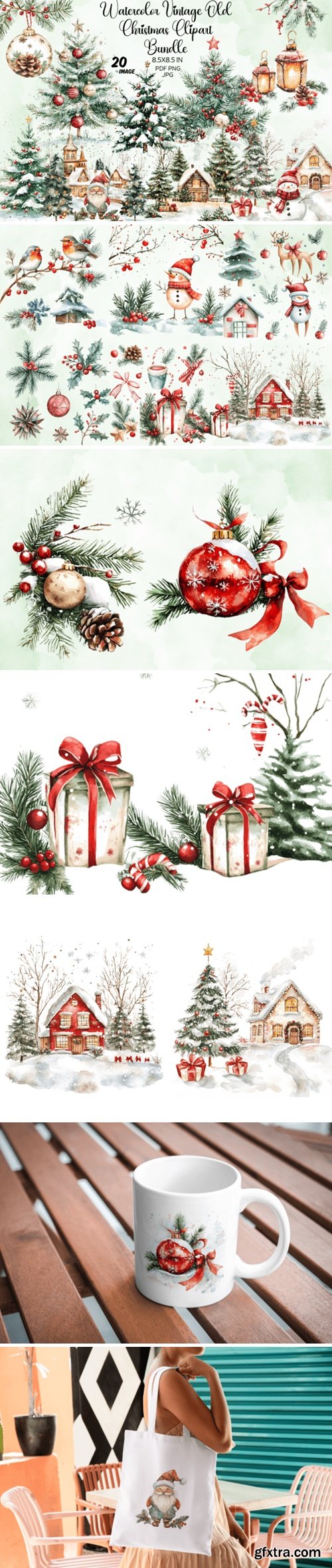 Watercolor Vintage Old Christmas Clipart 107084720