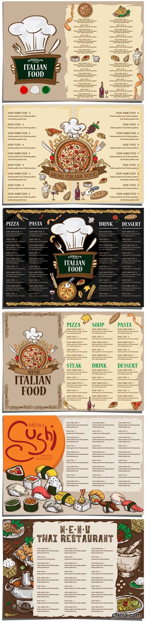 Italian food menu in vector, sushi menu, restaurant menu