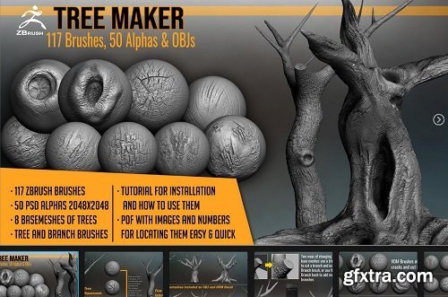 Tree Maker: 117 ZBrush Brushes, 50 Alphas and 8 Tree Basemeshes