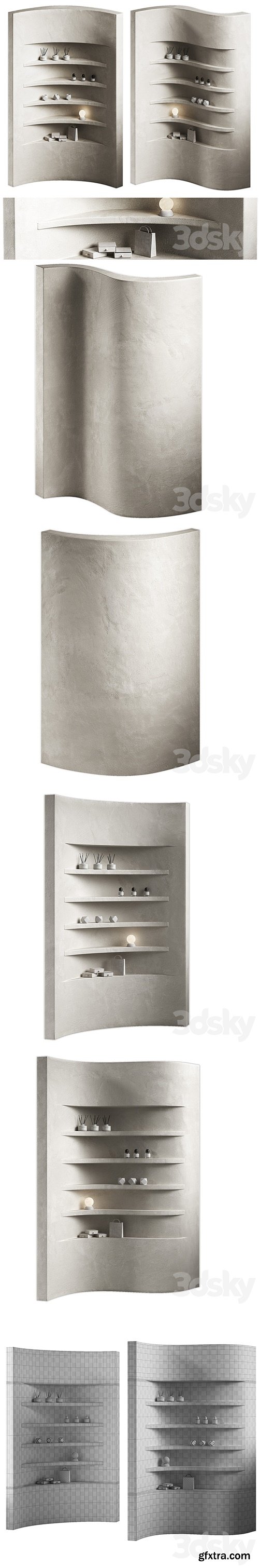 Wavy shelves 3. Rack shelving with decor. Corner wall partitions with niche.