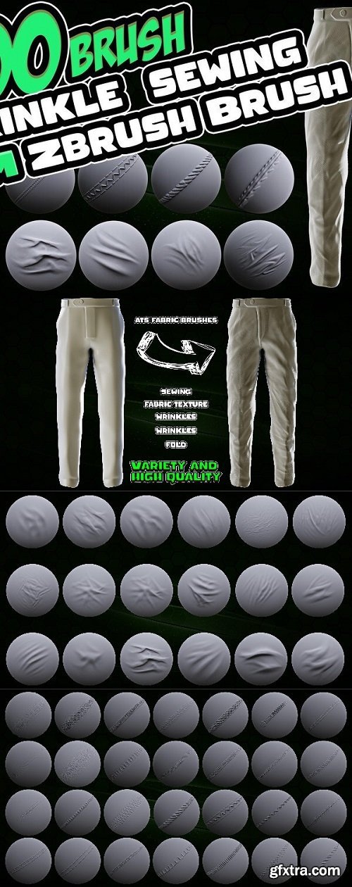 Artstation - 100 Fabric Brushes - Tension , Seam , Compression Folds , Stitches Zbrush