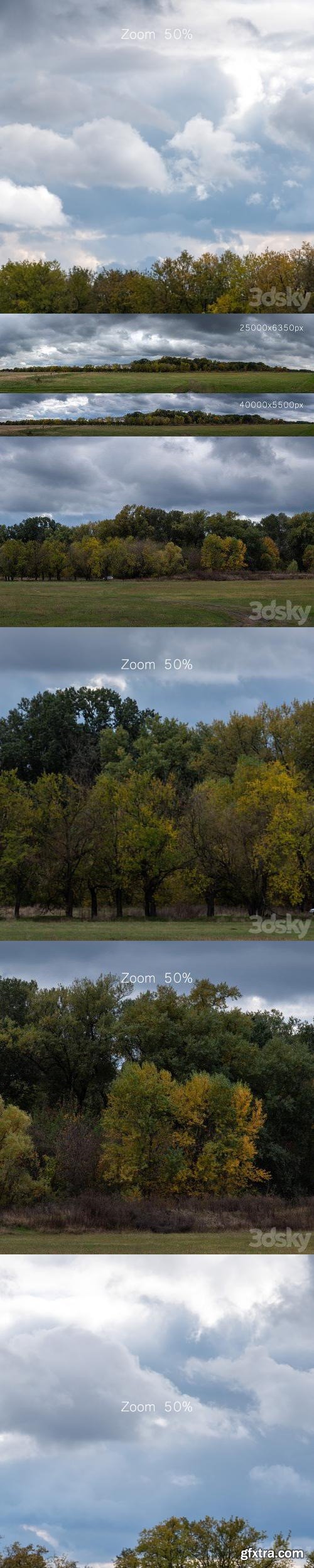 Cloudy panorama with autumn trees. 2 pcs