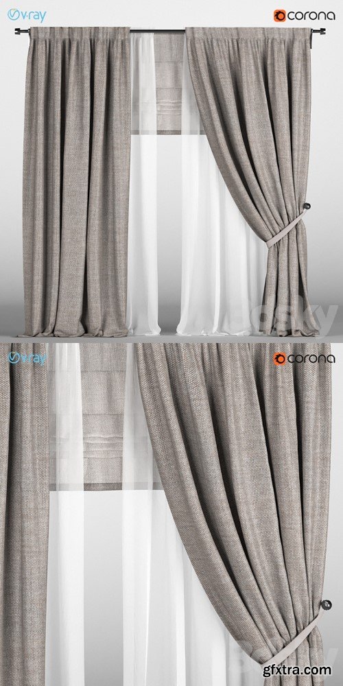 3dsky Pro - Light brown curtains with pickup + white tulle + Roman curtain.